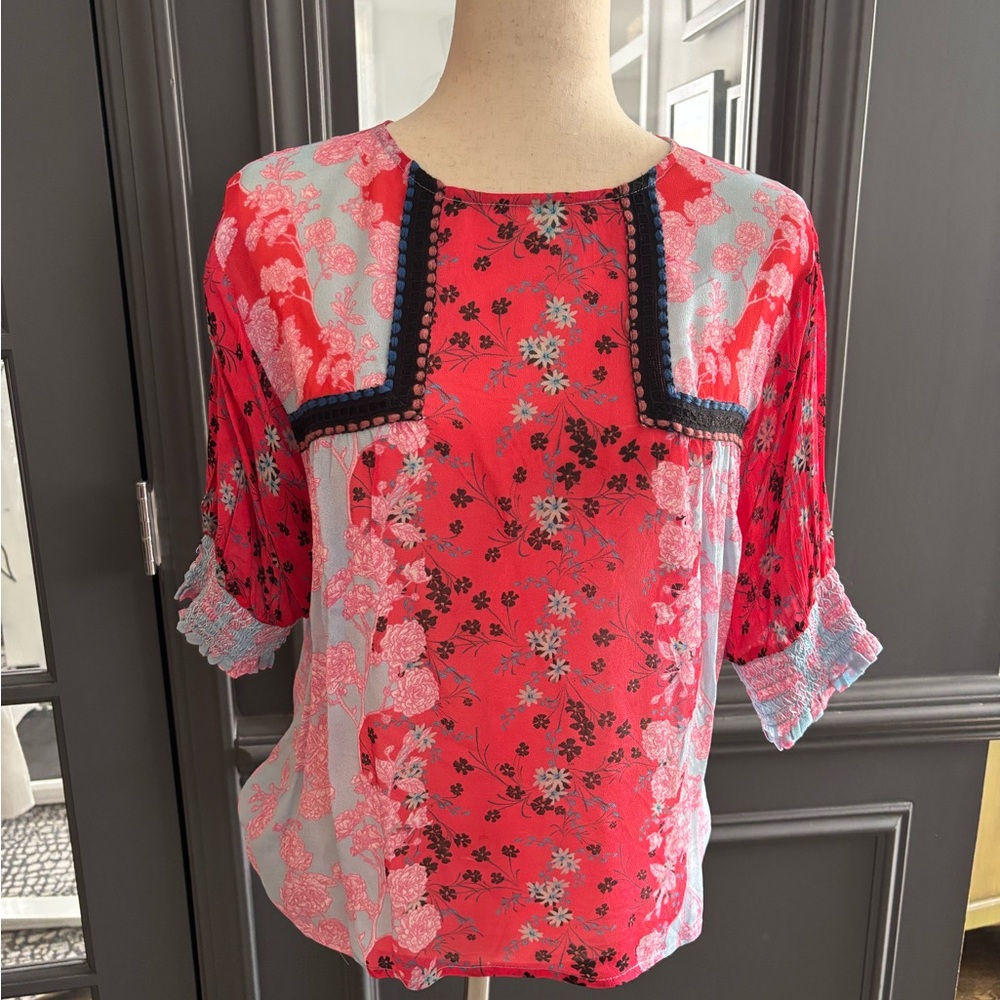 Anthropologie Floral Hot Pink and Blue Women's Top